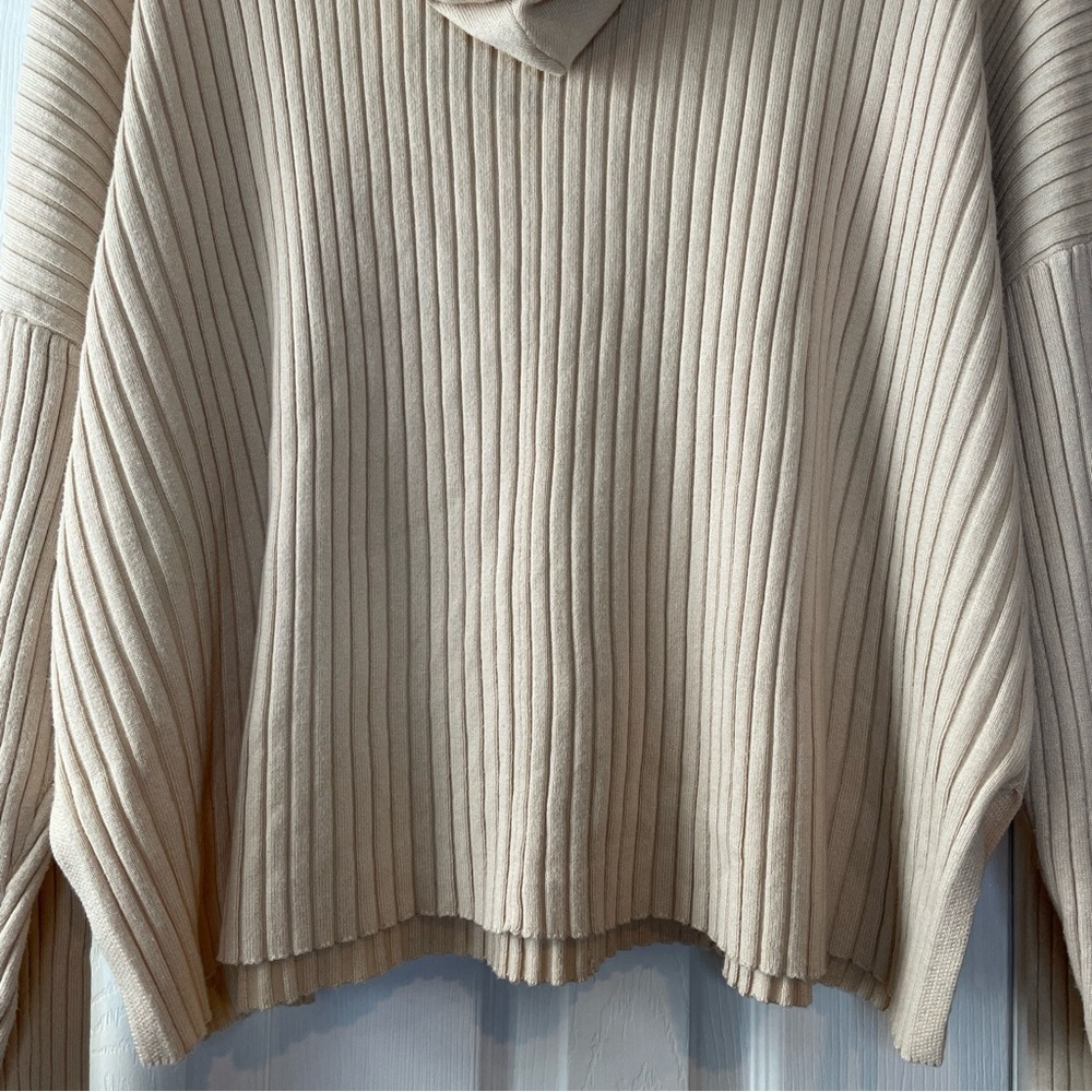 Aqua Women's XXXL Ribbed Knit Hooded Sweater Pullover Beige Drop Shoulder Loose - Picture 11 of 16